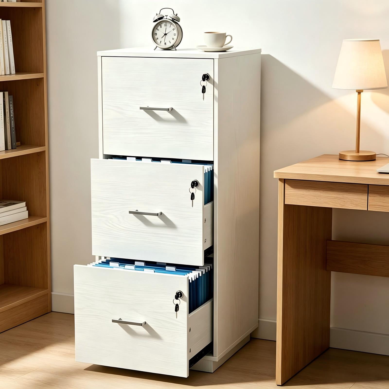 3-Drawer White Filing Cabinet, Embossed Melamine Particle Board, 15.35 x 15.35 x 38.58 in