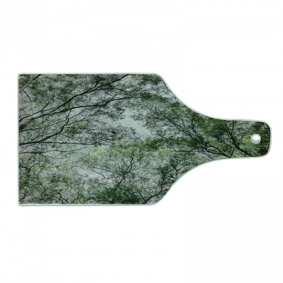 Nature Cutting Board, Tree Branch in Spring Season Jungle Growth Nature Look up Wood Scene Photo Print, Decorative Tempered Glass Cutting and Serving Board, Wine Bottle Shape, Green, by Ambesonne