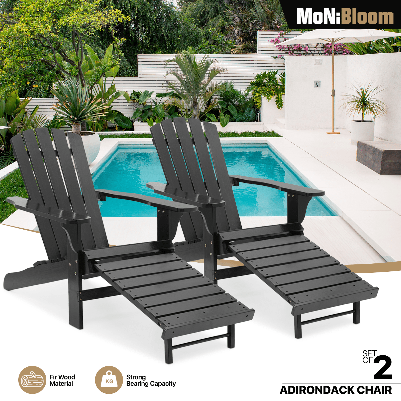 MoNiBloom Set of 2 Adirondack Chairs with Retractable Footrest 
