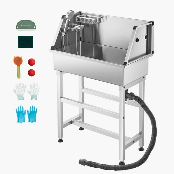 KFFKFF 34-Inch Stainless Steel Pet Washing Station, Grooming Tub with Adjustable Faucet, Showerhead, Storage Shelf, Convenient Design for Home Use, Suitable for Small Cats and Dogs