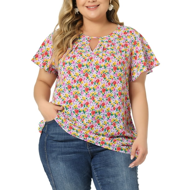 GRACE & GRANDEUR Camisa Blusa de Chiffon Floral de Manga Corta con Escote en Llave para Mujeres Talla Grande 3X Rojo Rosa