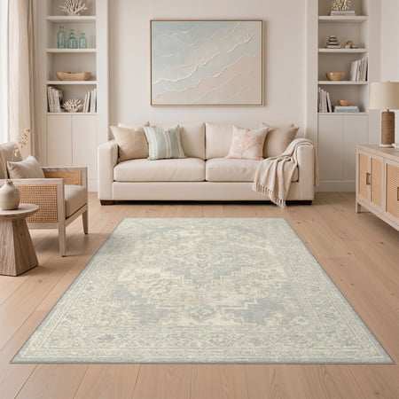 ODIKA 5 x7 Washable Area Rug Boho Dining Faded Transitional Featuring Geometric Border Table for Small Living Room Bedroom Easy Care Non-Shedding Pet Friendly