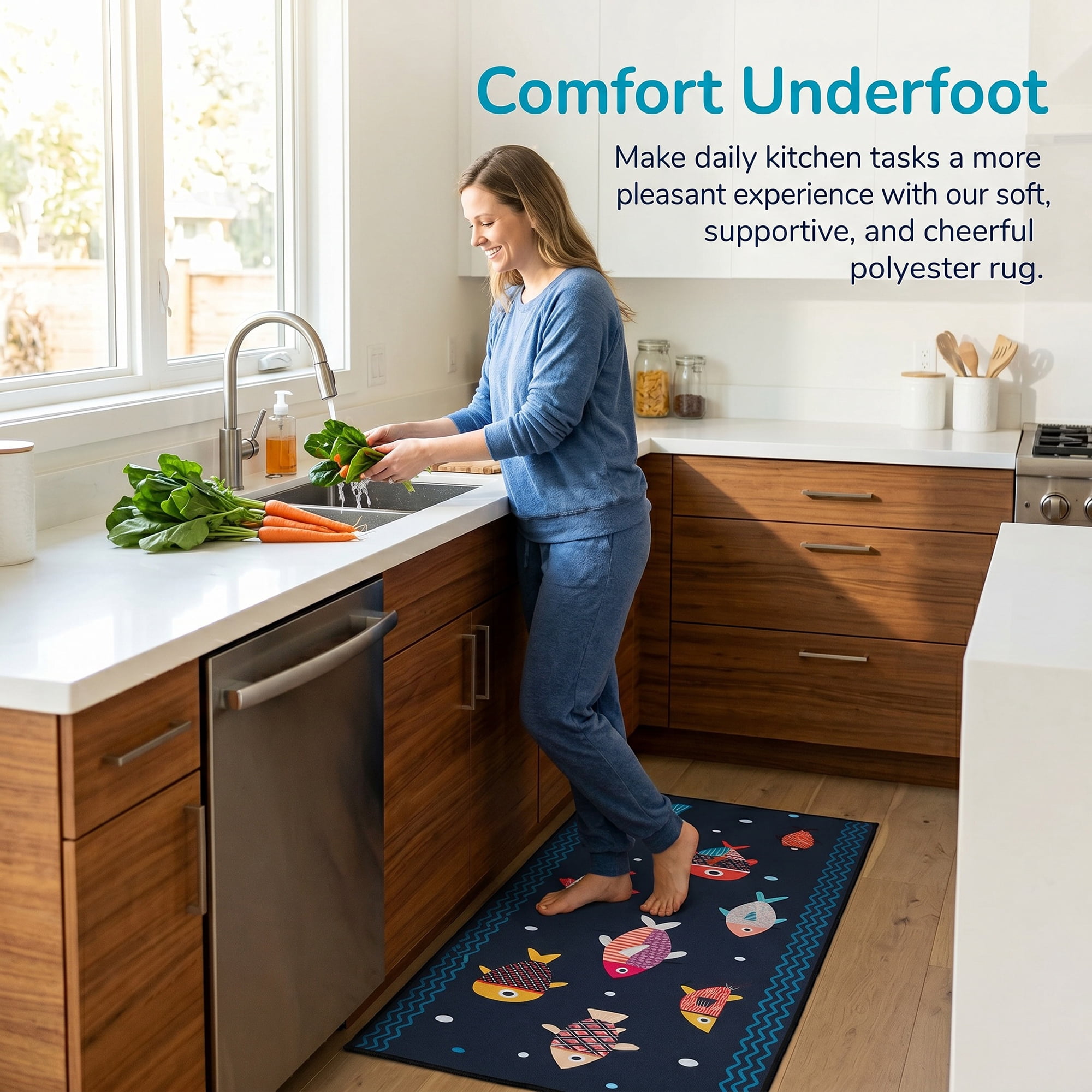 Unique Bargains Non Slip Fish Floral Printed Kitchen Rugs and Mats Blue 23"x15"+47"x15"