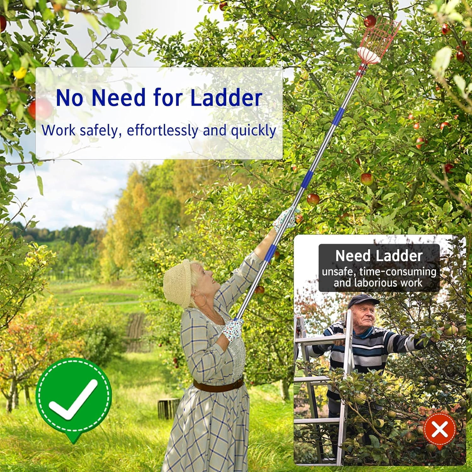 YeYeBest Fruit Picker Pole with Basket,10ft Adjustable Height Fruit Picker Tool with Stainless Steel Fruit Picking Pole for Apple Orange Mango