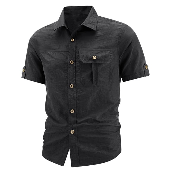 Fnnxeal Men Button Down Shirt Cargo Short Sleeve Summer Casual Collared Pocket Black Shirts for Men Size 2XL