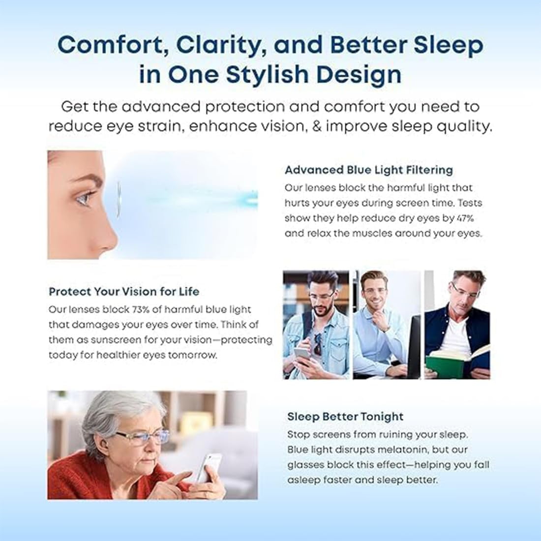 Clarity Blue Glasses Self Adjusting, Automatic Adjustment Blue Ease Optics Glasses, Anti-Glare Protection Eye Glass for Men/Women
