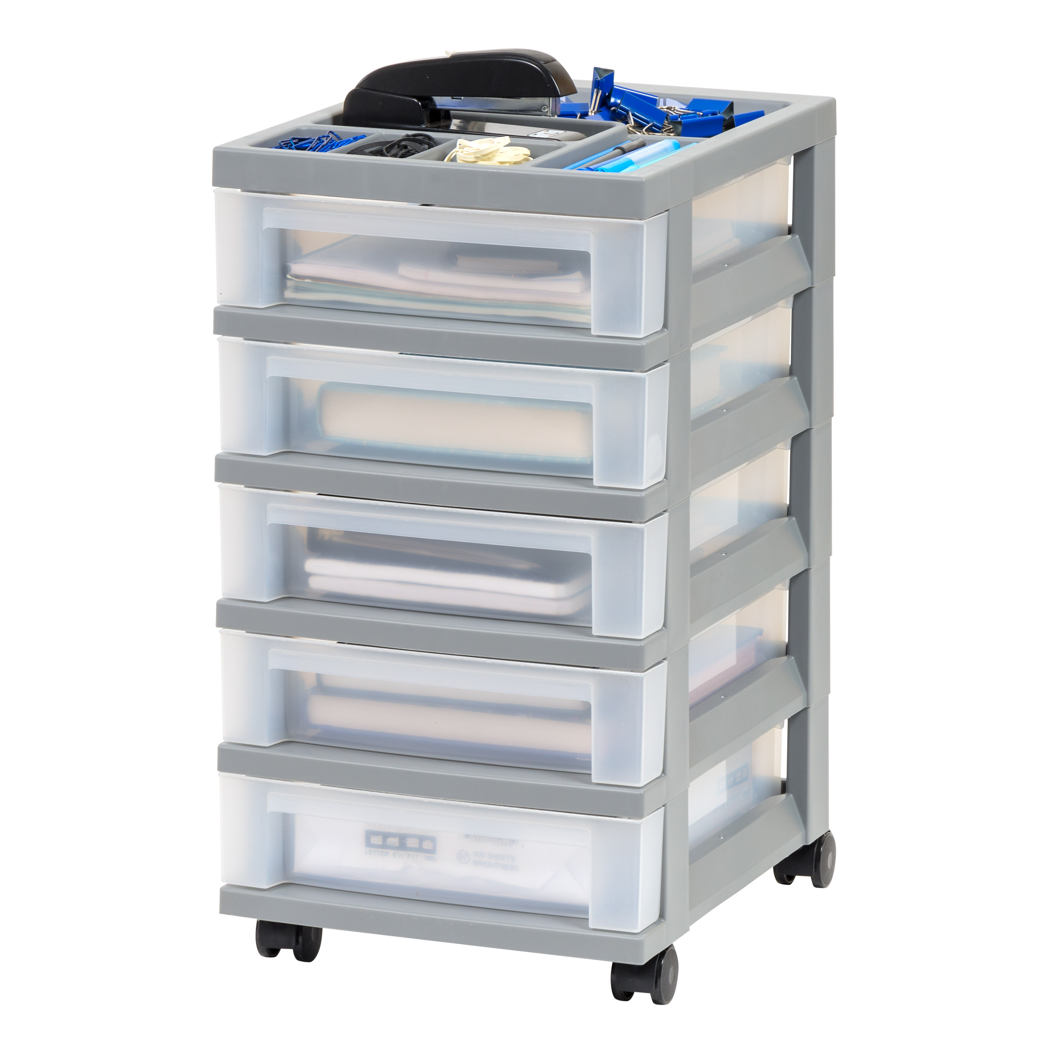 Gray/Clear 5Drawer Plastic Storage Cart with Organizer Top & Wheels