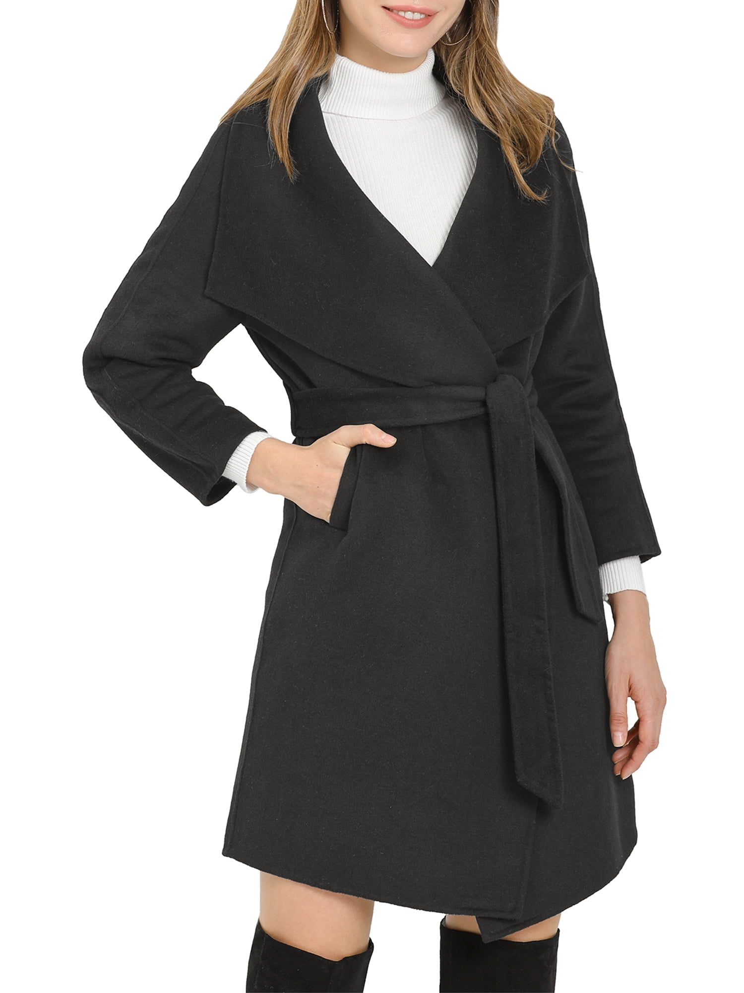 Allegra K Junior's Shawl Collar Belted Wrap Mid Length Trench Coat with ...