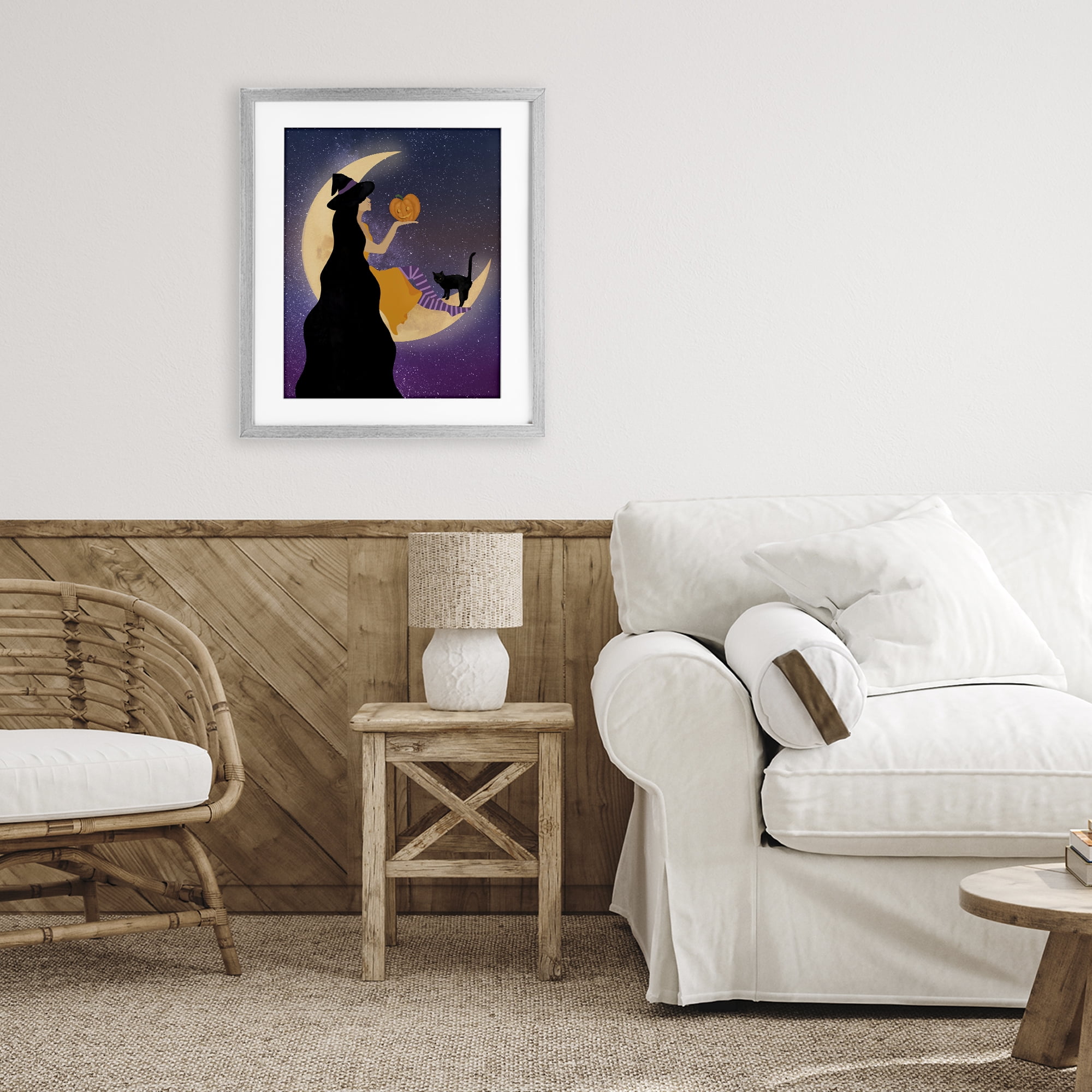 Stupell Industries Moonlit Witch Holding Jack-o-Lantern Gray Framed Print Under Glass, design by Daniela Santiago