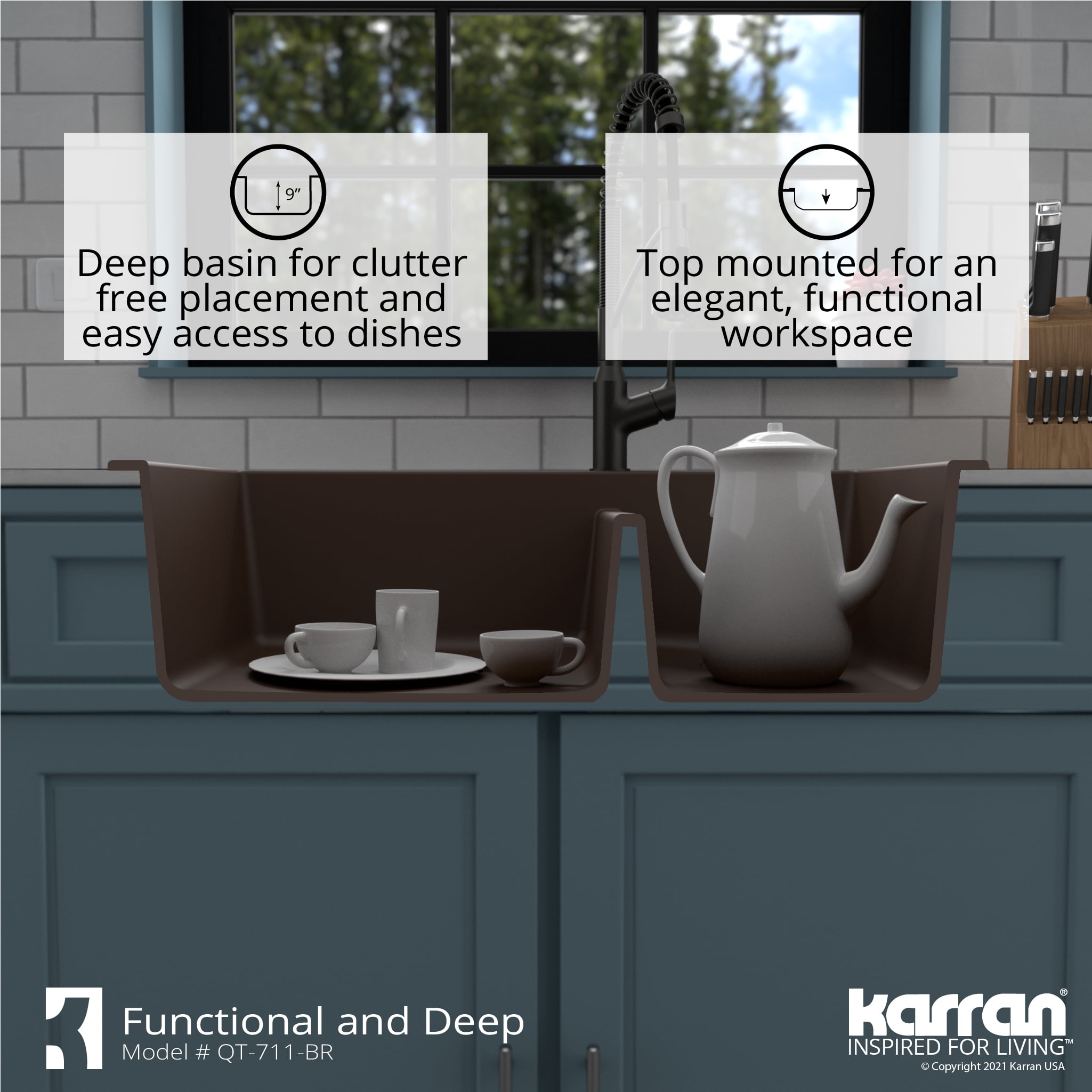 Karran QT-711 Drop-In Brown Quartz Composite 33 in. 1-Hole 60/40 Double Bowl Kitchen Sink