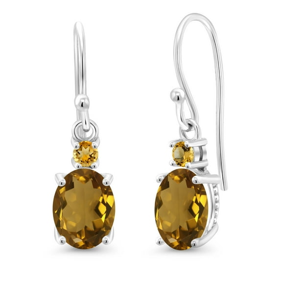 Gem Stone King 10K White Gold Whiskey Quartz and Yellow Citrine Dangle Earrings for Women (2.14 Cttw, Gemstone Birthstone, Oval 8x6mm)