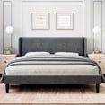 thumbnail image 1 of Queen Bed Frame with Headboad and Wingback, Elegant Vertical Stripe Design Velvet Upholstered Bed Frame with 2 Storage Pockets, Sturdy Wood Slat Support,Queen Bed Easy Assembly, Dark Grey, 1 of 8