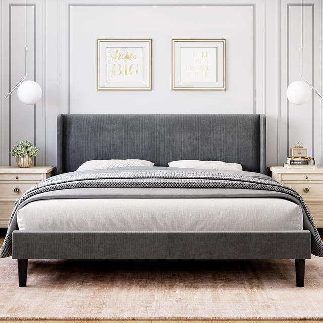 Queen Bed Frame with Headboad and Wingback, Elegant Vertical Stripe Design Velvet Upholstered Bed Frame with 2 Storage Pockets, Sturdy Wood Slat Support,Queen Bed Easy Assembly, Dark Grey