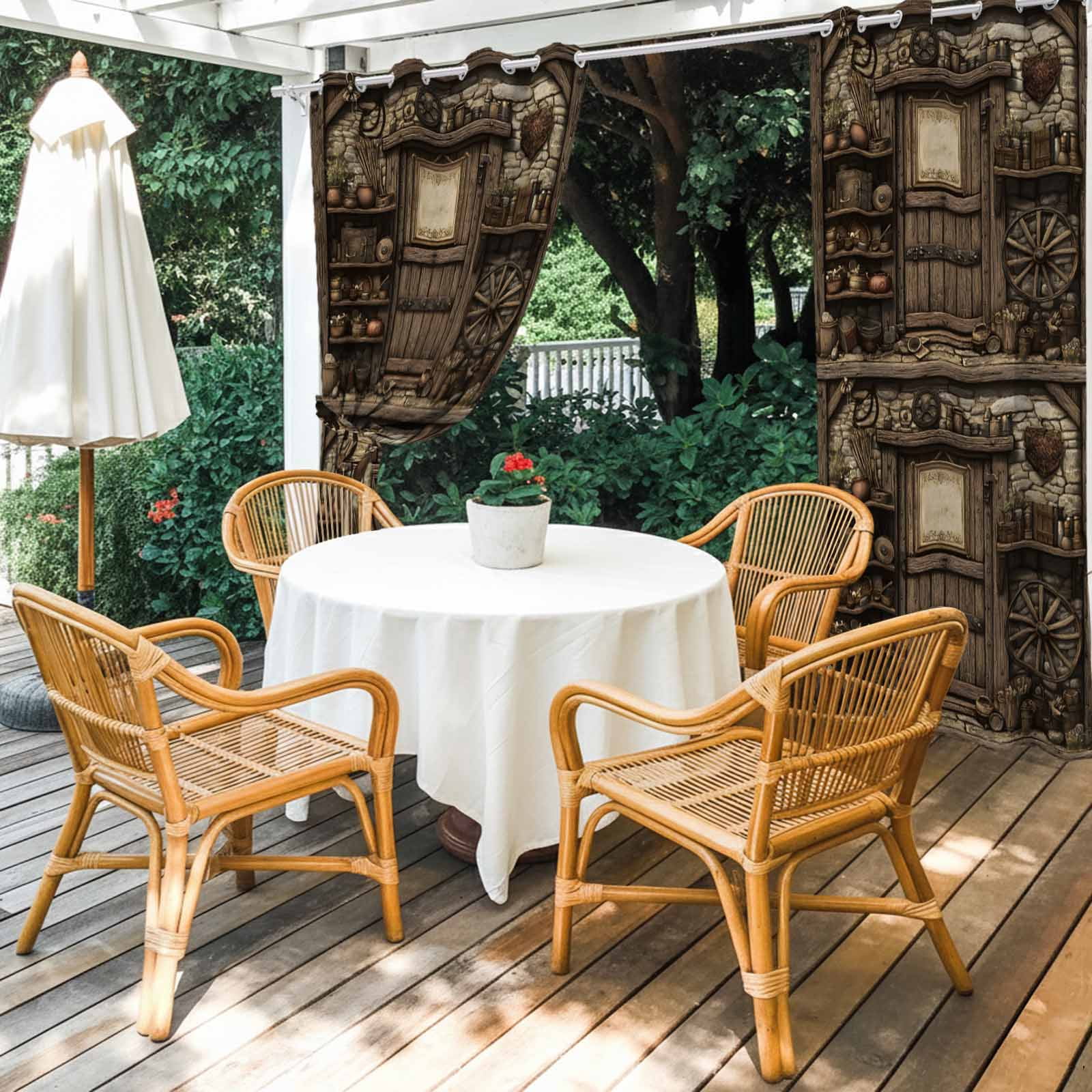 Outdoor Curtains for Patio Waterproof, Farmhouse Wooden Windproof Pravicy Outside Porch Blackout Curtain, Old Vintage Antique Time Cottage Scene Sun Blocking Grommets Curtains for Cabana 54"x108"