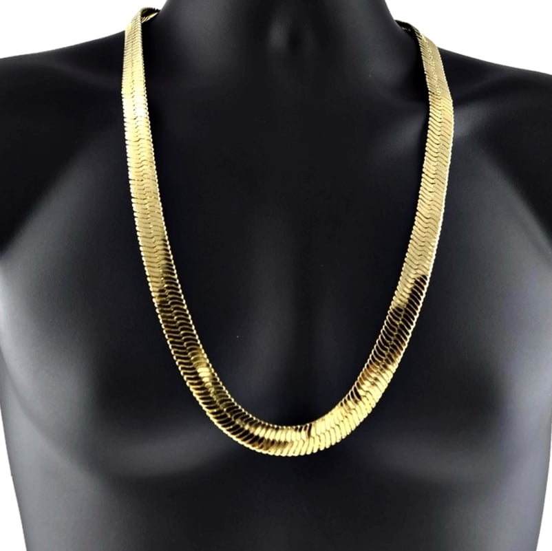 Men's Women 14K Black Gold Finish Flat  Herringbone Necklace Chain 20 Inch 12 mm