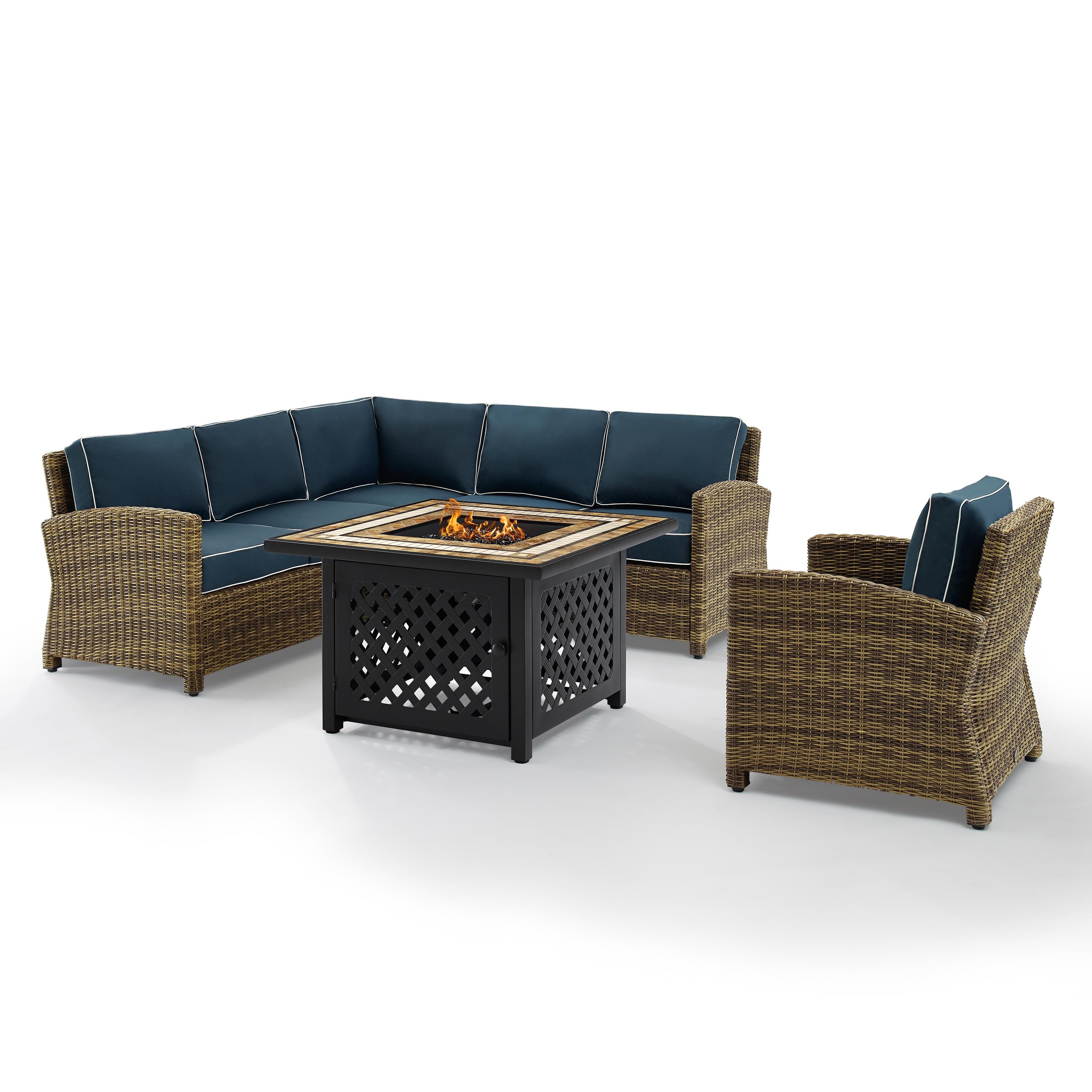 Bradenton 5Pc Outdoor Wicker Sectional Set W/Fire Table Weathered Brown/Navy - Right Corner Loveseat, Left Corner Loveseat, Corner Chair, Armchair, & Tucson Fire Table - image 4 of 9