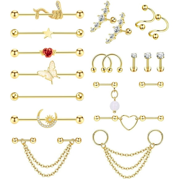 20Pcs 316L Stainless Steel Industrial Barbell Earring Cartilage Earring Helix Tragus Studs Conch Daith Piercing Jewelry Gold