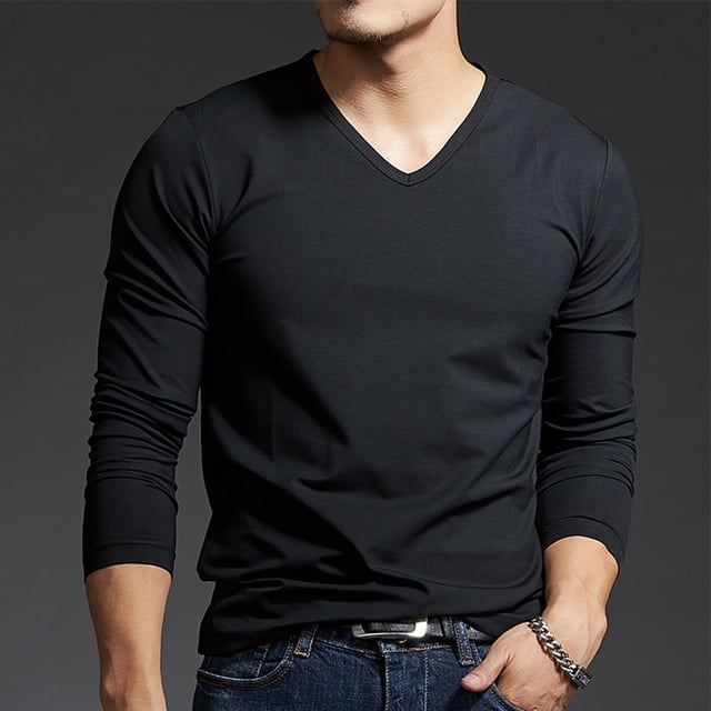 MYG Mens Long Sleeves Muscle V Neck Slim Blouse Activewear Tops Tee Undershirt