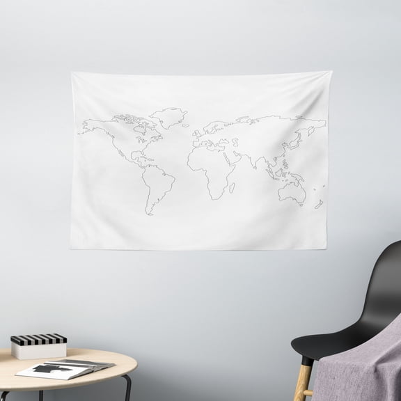 Map Tapestry, Simplistic Design World Map Outline with Thin Black Line Drawing Abstract Continents, Wall Hanging for Bedroom Living Room Dorm Decor, 60W X 40L Inches, Black White, by Ambesonne