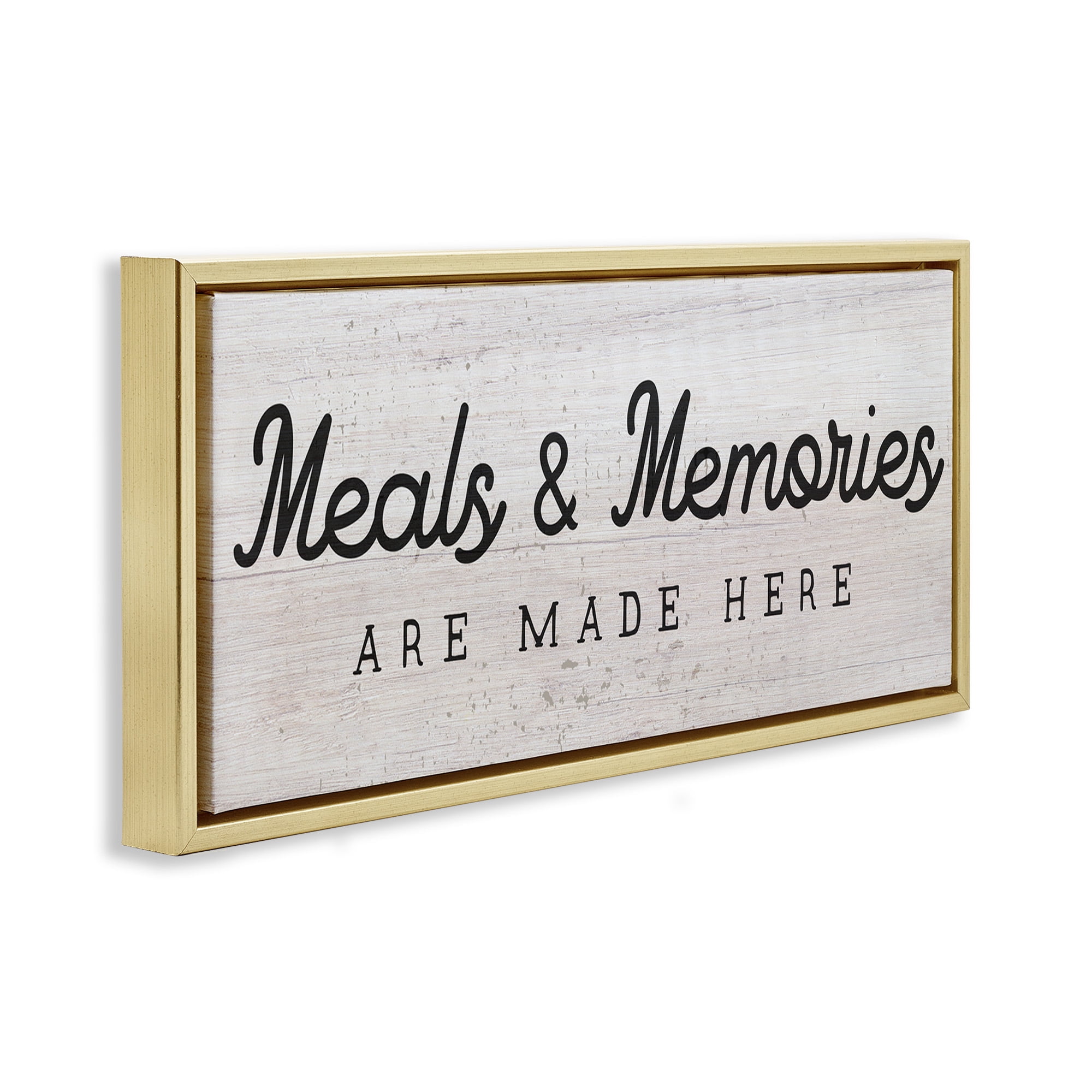 Stupell Industries Meals & Memories Kitchen Sign Food & Beverage Painting Gold Floater Framed Canvas Art Print Wall Art, 31 x 14