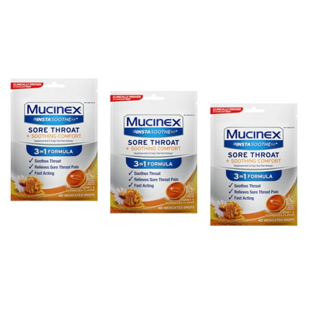 Mucinex InstaSoothe Sore Throat & Soothing Comfort Honey & Echinacea Flavor, 40 Medicated Drops - Pack of 3