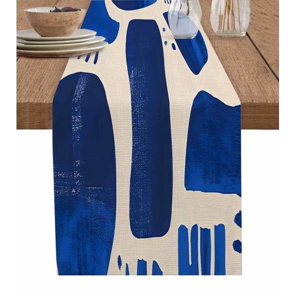 Blue Geometric Table Runner 60 Inches, Contemporary Abstract Minimalist Bed Runner Dresser Scarves Tabletop for Indoor Outdoor Parties/Ceremony/Banquet, 13" x 60"