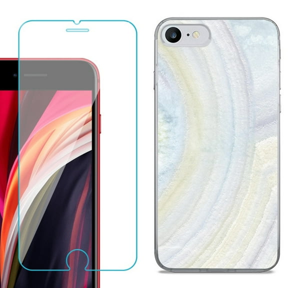 Slim-Fit Fashion Gel Phone Case for iPhone SE 2022, with Tempered Glass Screen Protector, by OneToughShield ® - Marble / Rainbow