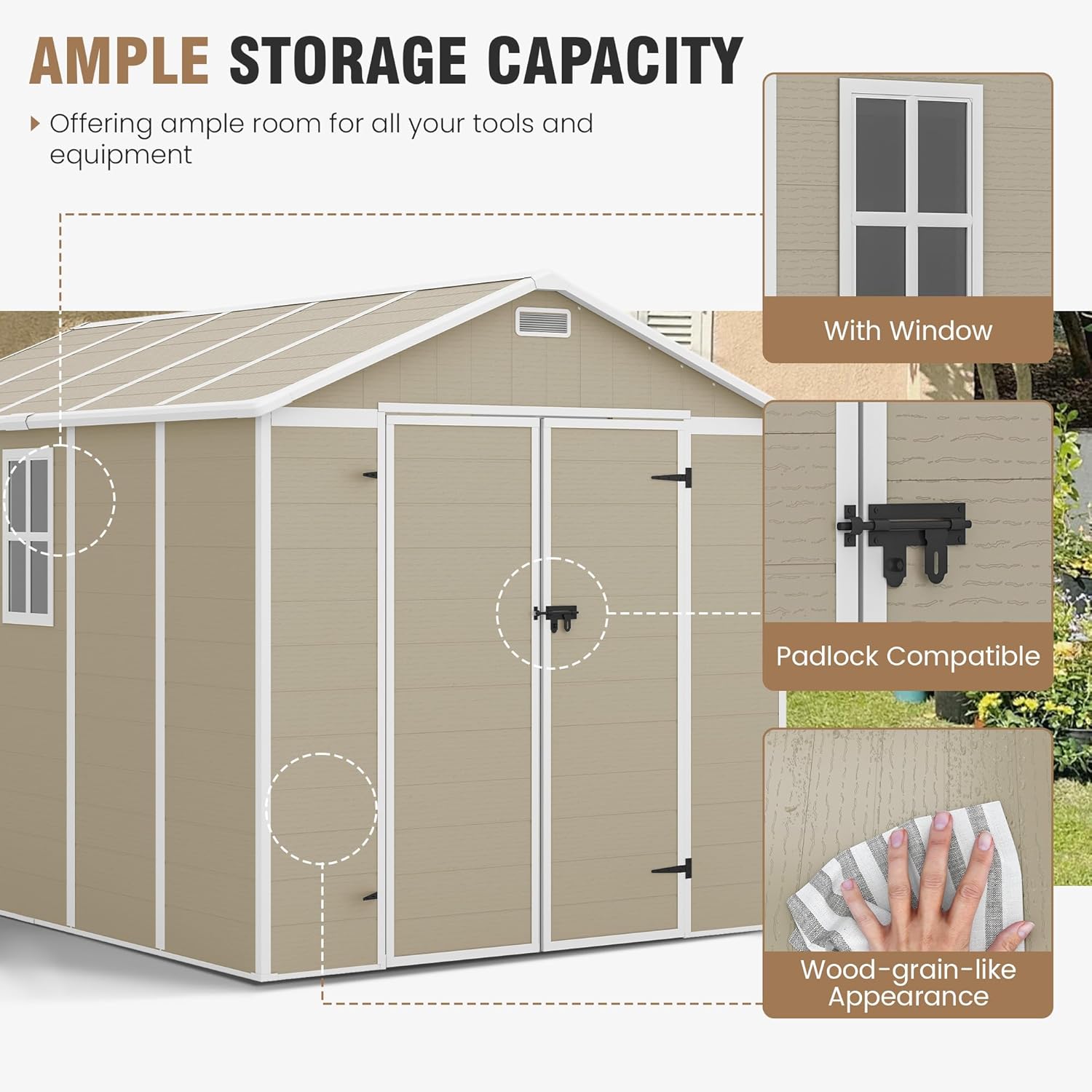 ELPOSUN Storage Shed 8 x 10 FT, Resin Outdoor Garden Sheds with Floor Plastic Patio Outdoor Storage with Lockable Door for Tool, Bike,Light Brown