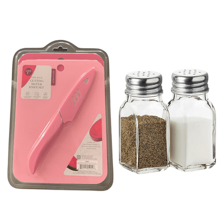 

Set of 4 pc Kitchen Cutting Board Mats Slip Grip and Knife Pink Color Utensils and 2pc set of Salt and Pepper Shaker Glass Condiments Container for Cooking