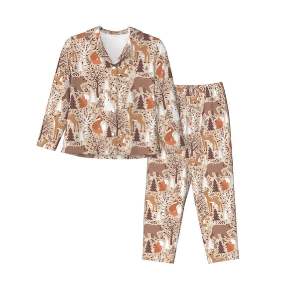 Saiise Woodland Animals in Neutral Tones Print Women Soft Pajama Sets,Long Sleeve Sleepwear Button Up 2-Piece Pjs Lounge Sets-Small