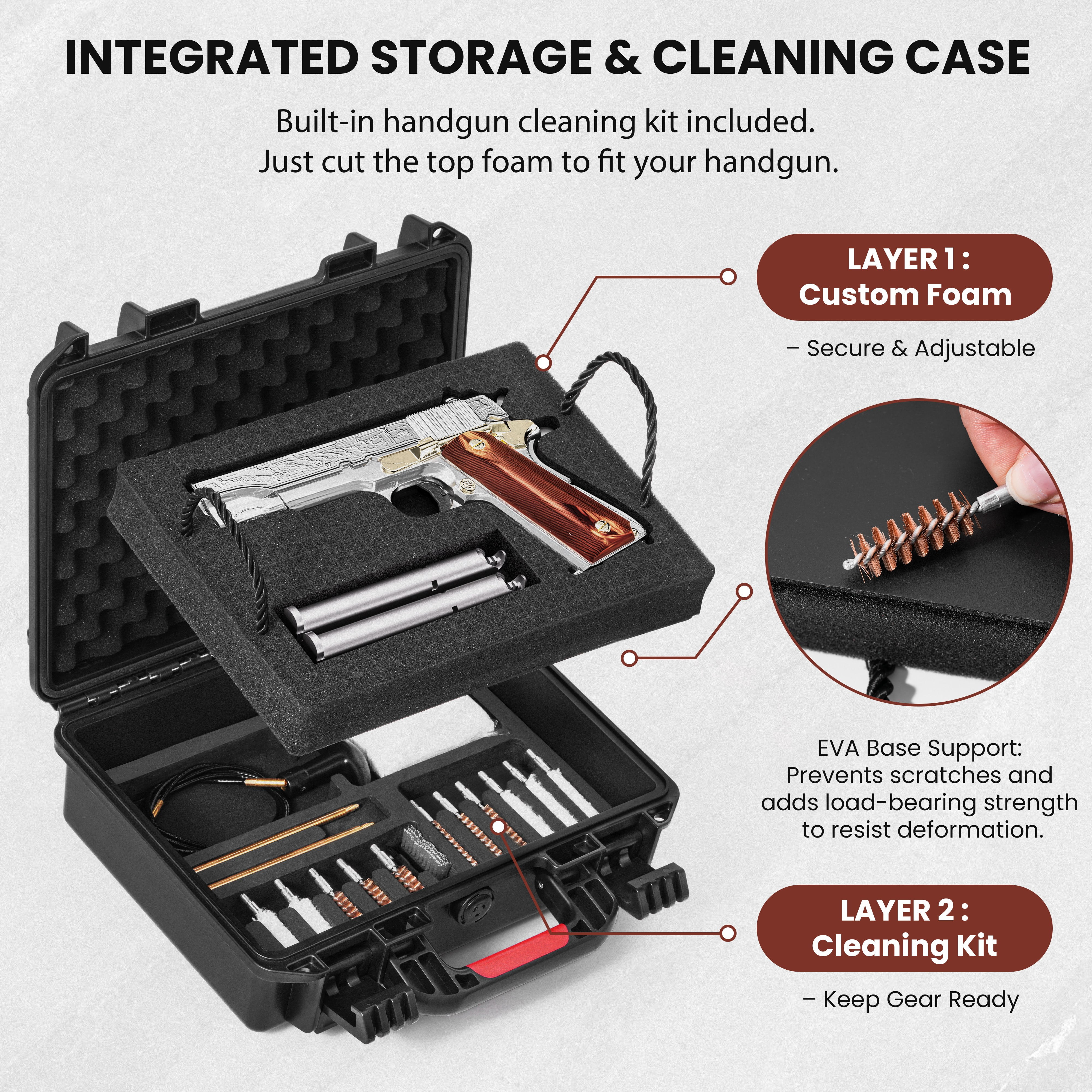 Kinghardcase All-in-One Hard Pistol Case with Cleaning Kit – Waterproof Gun Case for Handguns, Impact-Resistant Handgun Storage Case for the Range and Travel, Fits Most Pistols