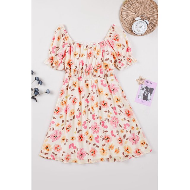 ABPHQTO Vestido De Mujer Floral De Manga Corta Con Escote Cuadrado Beige