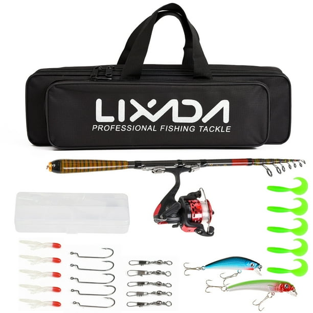 Caña de pescar telescópica y carrete de fibra de carbono Lixada, kit completo, carrete de pesca giratorio, señuelo de pesca, organizador, conjunto de cañas Lixada Caña de pescar