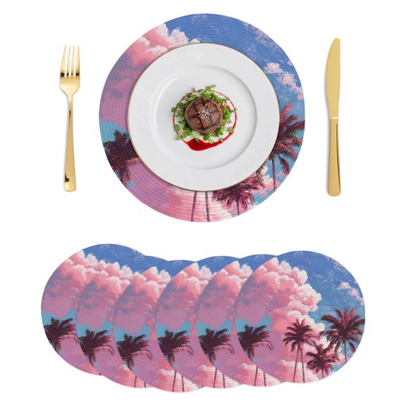 Round Placemats Tropical Palm Trees 15 inch Set of 6 Table Mats for Dining Table Coastal Pink Clouds Heat Resistant Non-Slip Kitchen & Home Decorative Place Mat Set