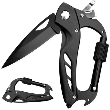 CJBCarabiner Multitool with Pocket Knives 8-in-1 EDC Carabiners Serrated Knife Rope Cutter Screwdriver Can Bottle Opener Ruler Folding Knife for Camping Hiking Gifts for Men (Grey)