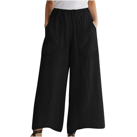 

Dadaria High Waisted Wide Leg Pants for Women Linen Ladies Solid Color Elastic Waist Cotton Linen Big with Pocket Pants Black L Female