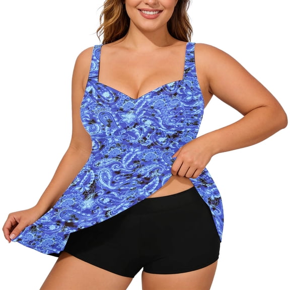 Womens Plus Size Tankini Swim Tops Summer Tropical Floral Printed Swimwear with Supportive Underwire and Adjustable Straps