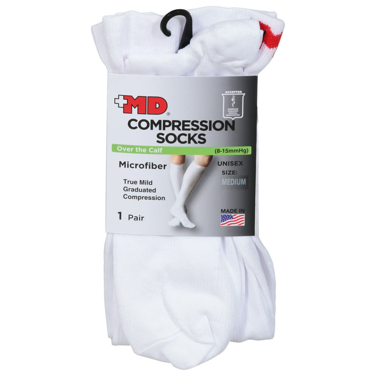 MD USA Flat Knit Micro-Fiber Compression Socks, White, Medium