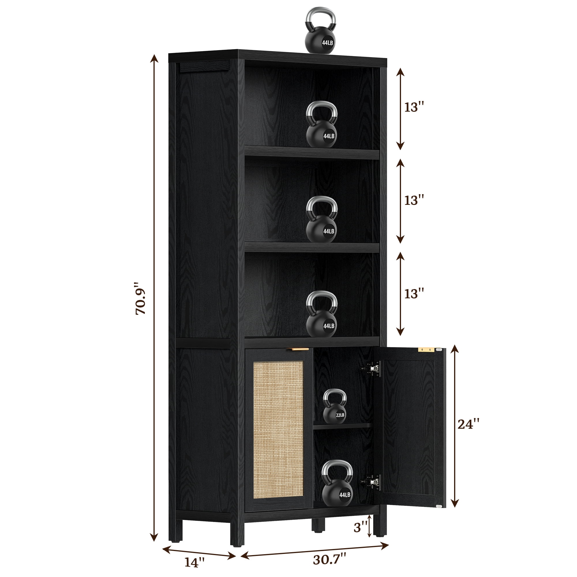 SICOTAS Rattan 5 Tier Bookshelf Set, Black 5-Shelf Library Bookcase