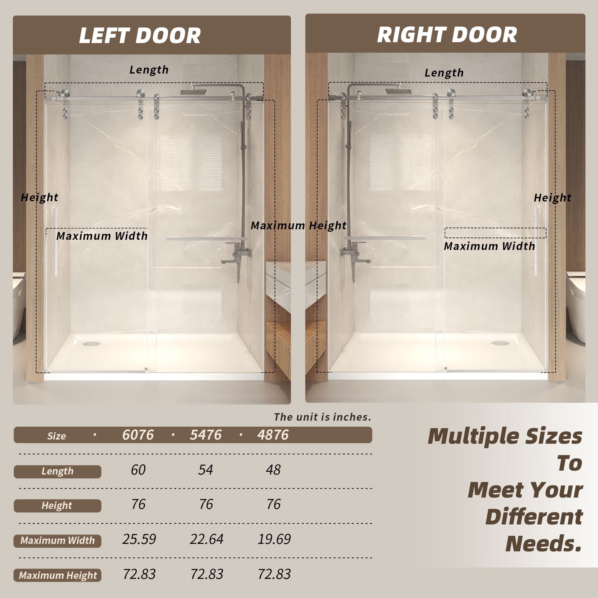 Leumius 44-48" x 76" H Frameless Sliding Shower Door,5/16" Clear Tempered Glass Sliding Shower Door,Stainless Steel Frame,Brushed Nickel