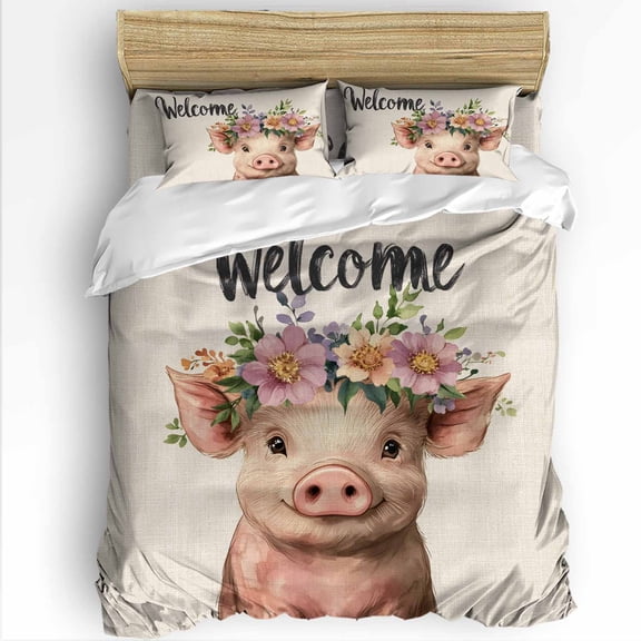 Pig Full Size Comforter Set, Welcome Garland Retro Soft Bedding for All Seasons, 4 Pcs Bed Set with 1Comforter (86"x86") ,1 Sheet(80"x116"), 2 Pillowcases (19"x29")