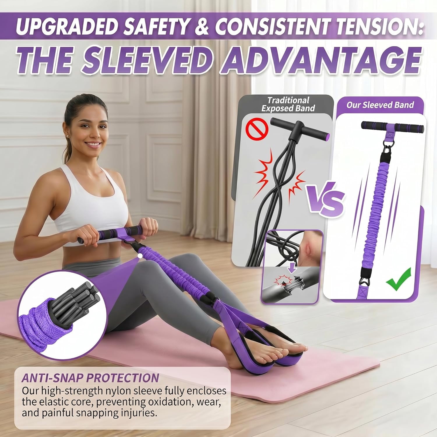 Upgraded Pedal Resistance Band with Handle, Adjustable 30-60LBS Exercise Bands for Home Gym, Sit Up Equipment for Full Body Workout, Core, Abs, Legs, Arms - Portable Workout Equipment for Women & Men