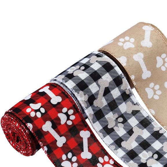3 Rolls Christmas Bone Ribbon Bow Ribbon Dog Paw Ribbon Plaid Ribbon 5 Yards Wrapped Ribbon Bow Gift Box Decorative Ribbon for Christmas Party Winter Celebration Wreath Decoration Style A/B/C