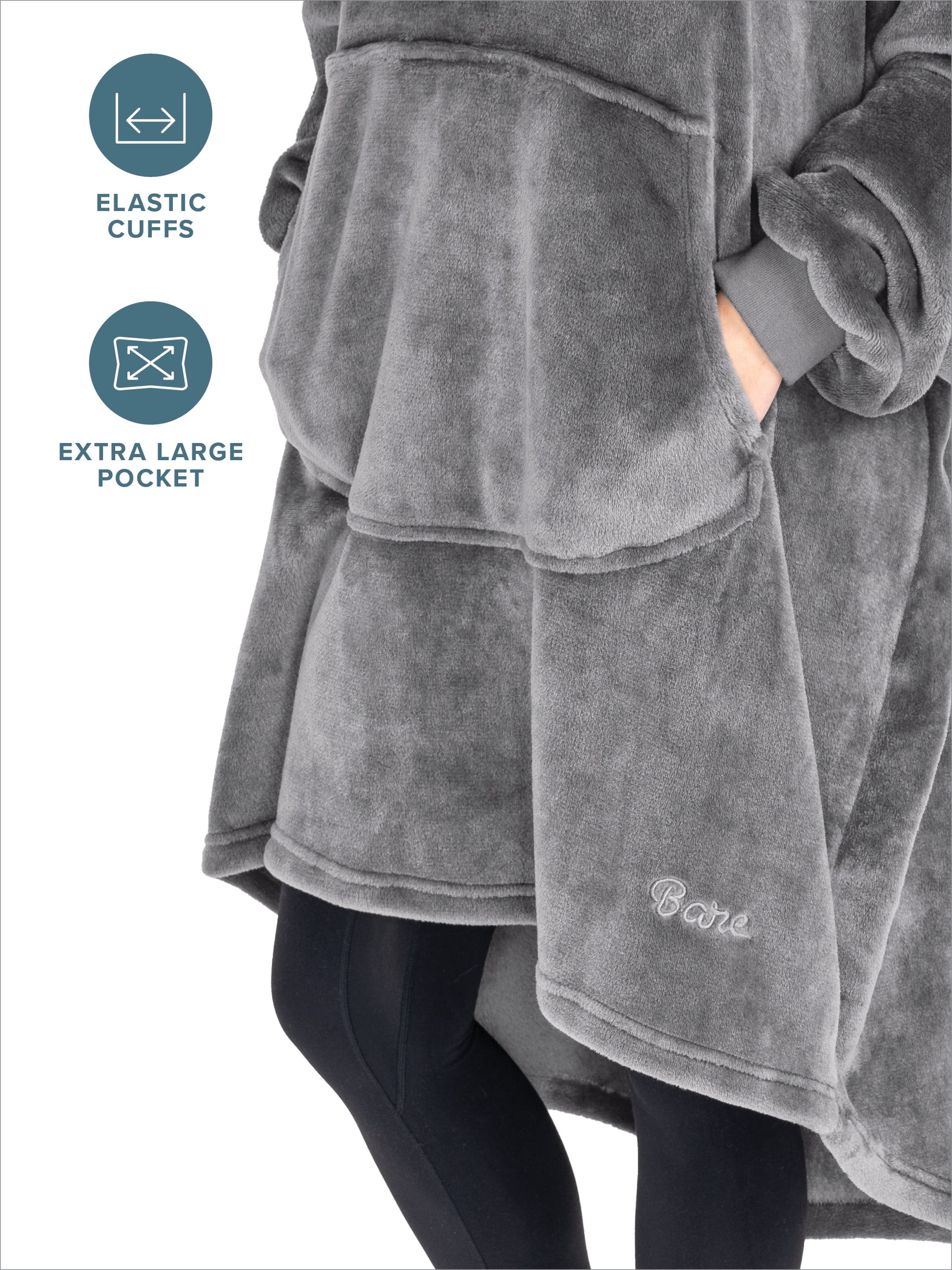 Bare Homey Adult Size Microplush Wearable Blanket, Round Trapezoid Pocket, Gray