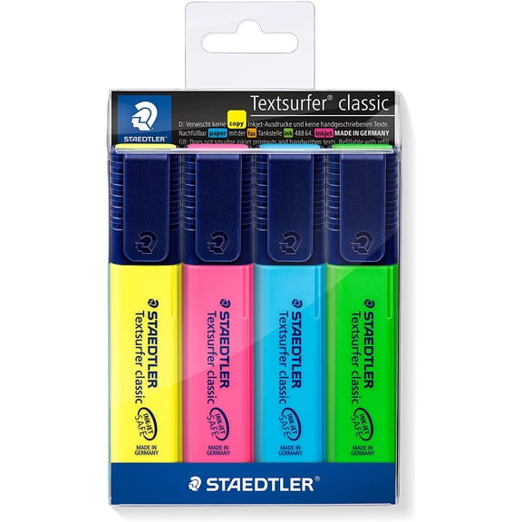 STAEDTLER - Textsurfer Classic 364 Highlighter Pens - Pack of 4 Assorted Colours