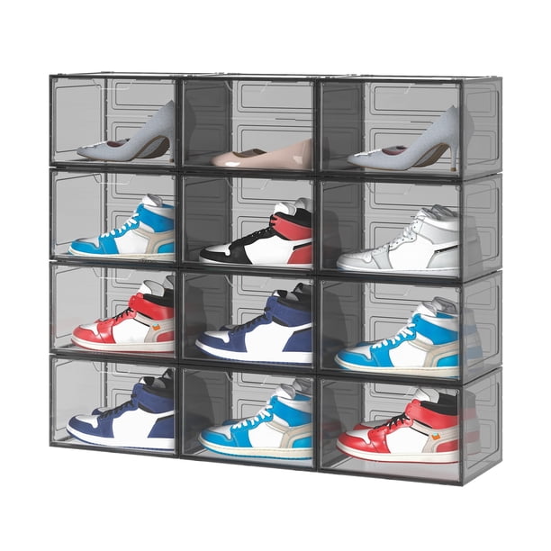 Caja organizador para zapatos con diseño abierto frontal, puerta transparente y lateral translúcido, apilables y multifuncional para hogar (12 pack, c