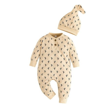 

Baby 2Pcs Fall Outfits Long Sleeve Button Front Cactus Print Jumpsuit with Hat Set Infant Clothes