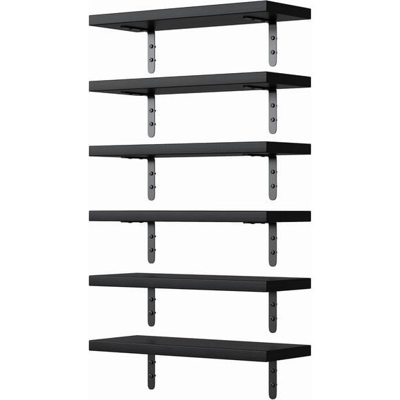16 Inch Floating Shelves, Wall Mounted Shelves Set of 6, Wood Corner Book Floating Shelf,Room Decor for Bedroom, Living Room, Kitchen, Bathroom, Display Shelf Storage Black