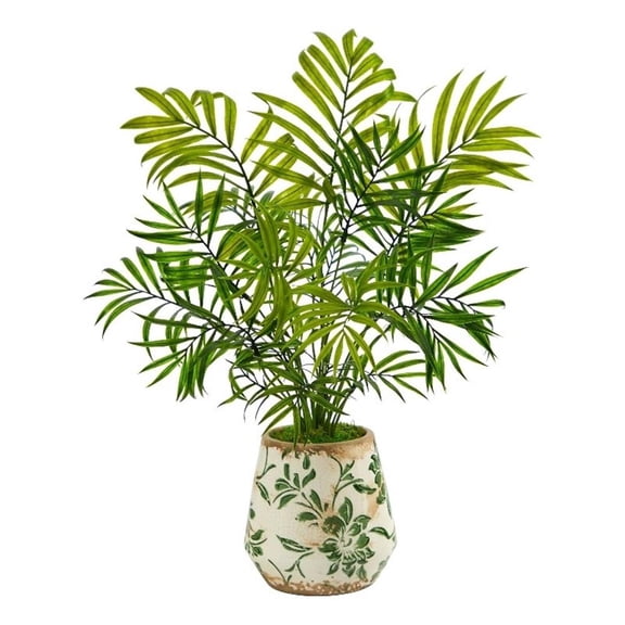 Nearly Natural 18" Plastic/Polyester Mini Areca Palm Artificial Plant in Floral Vase, Green