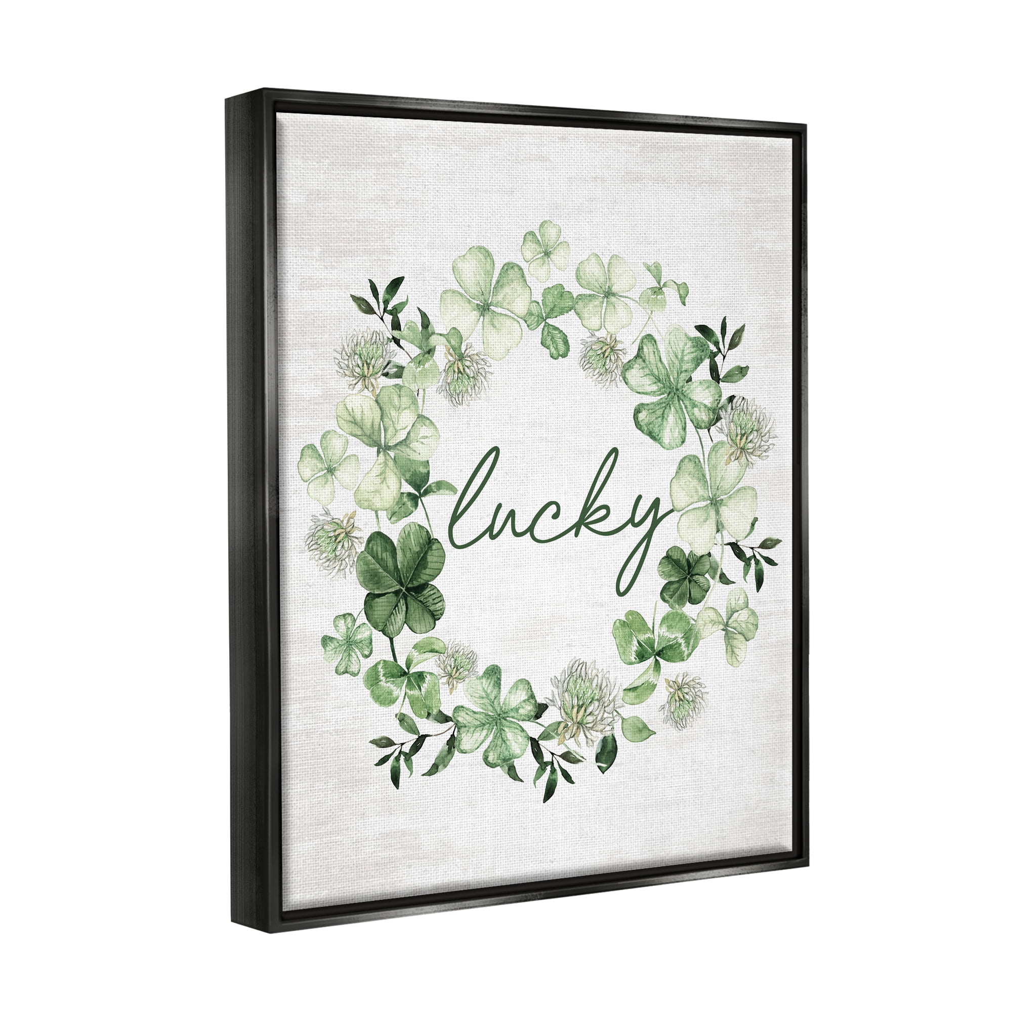 Stupell Industries Lucky Clover Wreath Botanical & Floral Painting Black Floater Framed Canvas Art Print Wall Art, 25 x 31